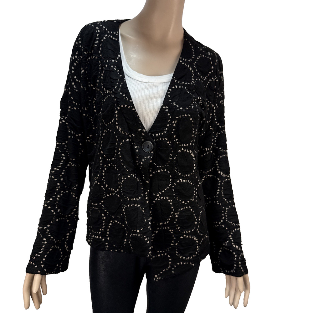 Lisa Bayne‎ Knit Jacket Size L One Button Asymmetric Black Circle Print Pockets